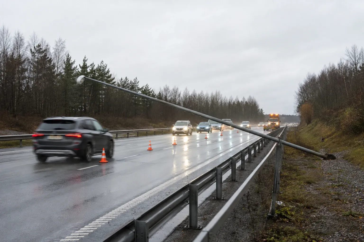 Redaktionell illustration till Belysningstolpe blockerar södergående körfält på väg 73