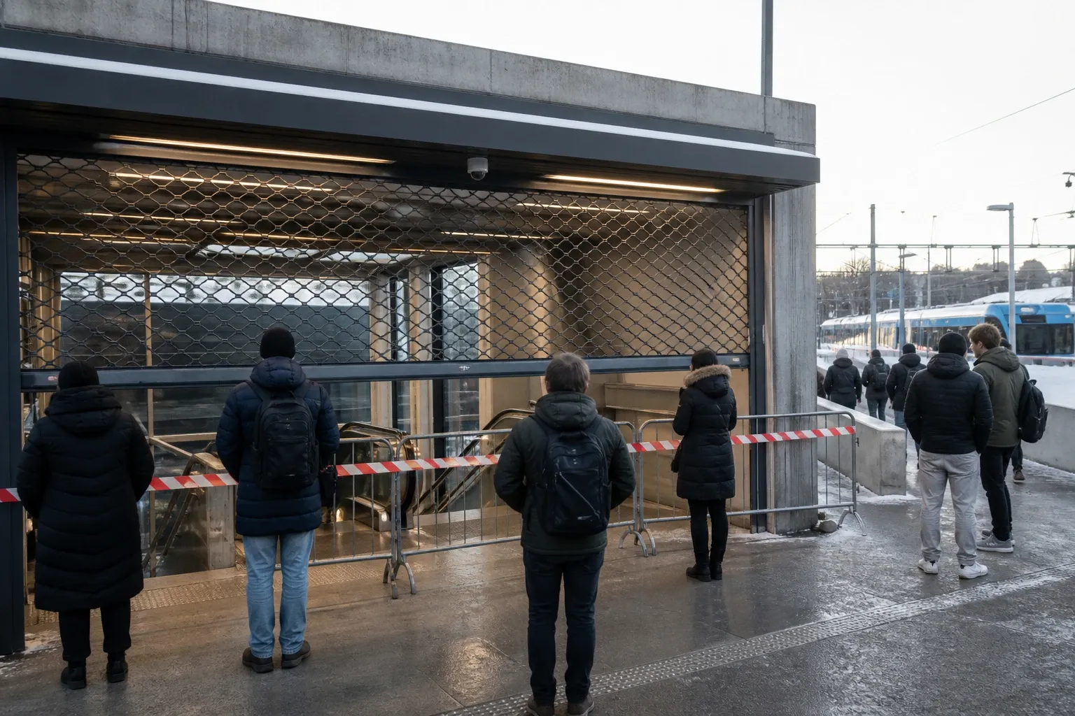 Illustrationsbild av en avstängd stationsentré med spårvagn i bakgrunden