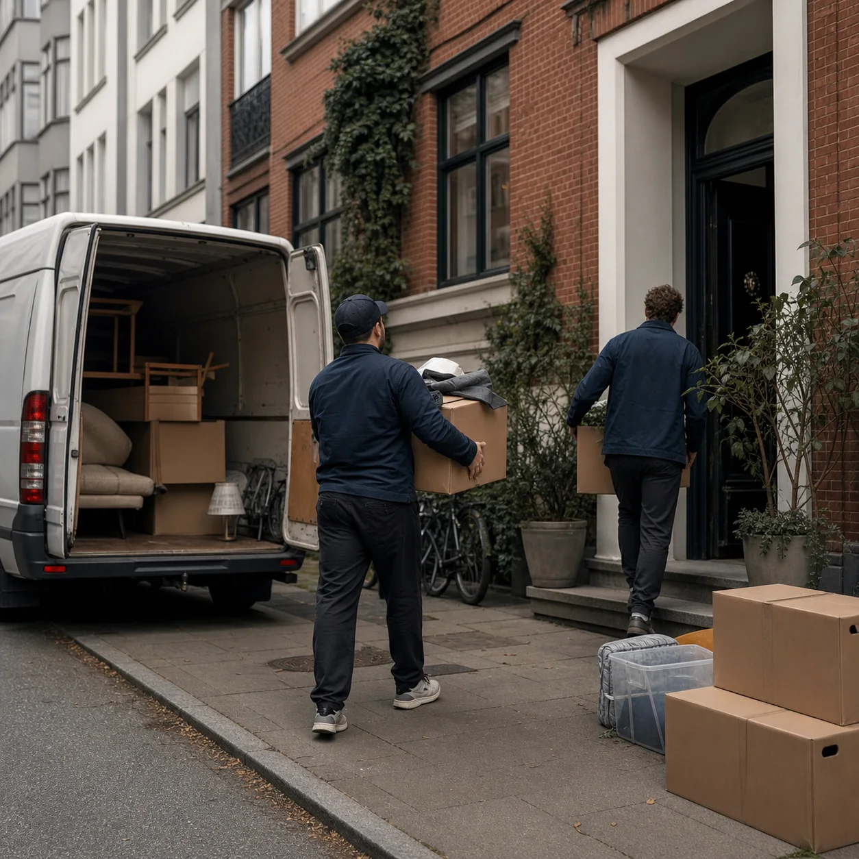 Flyttbil och lådor utanför ett danskt bostadshus.