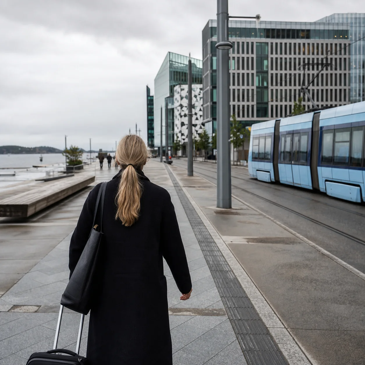 Arbetspendlare anländer till ett kontorsområde i Oslo.