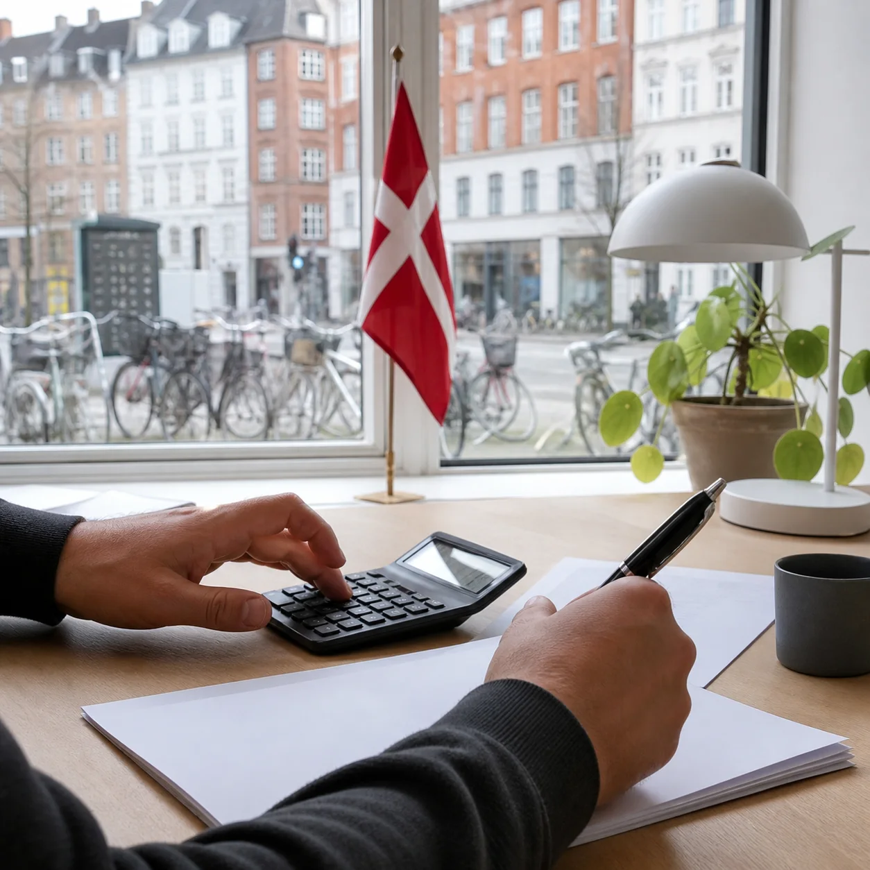 Kalkylator och lönehandlingar på ett norskt skrivbord.