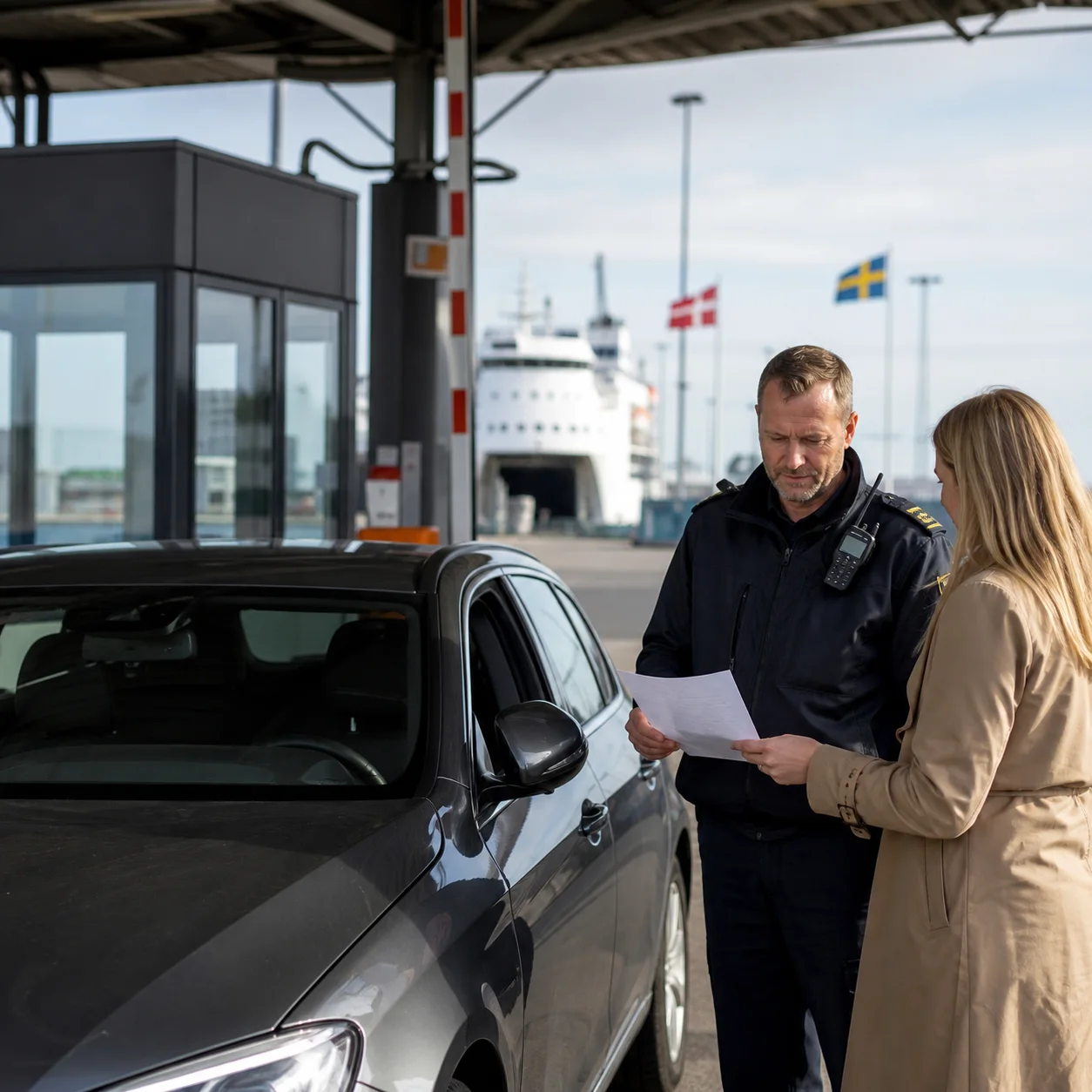 Bil och importhandlingar vid en dansk färjeterminal.