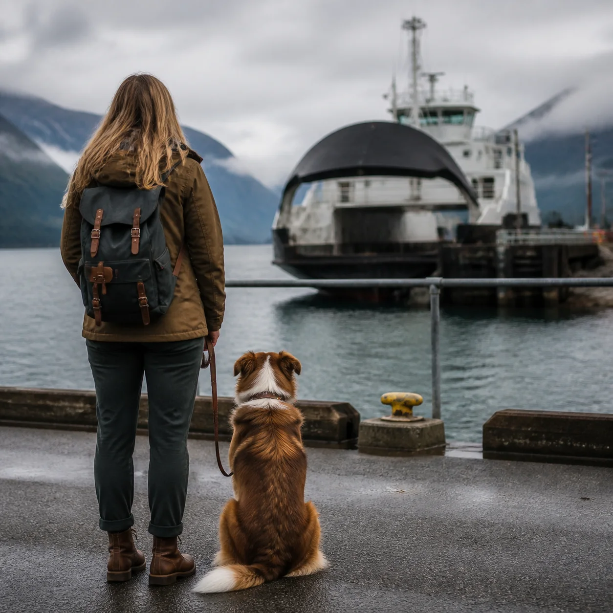 Hund och ägare väntar vid en nordisk färjeterminal.