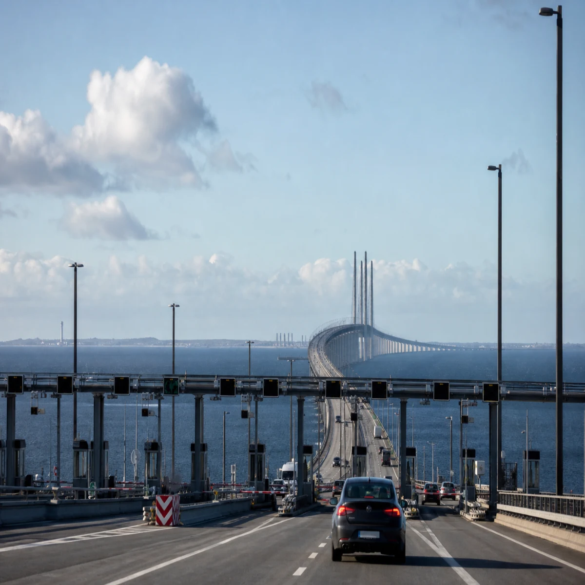 Bilar på Öresundsbron i klart dagsljus.