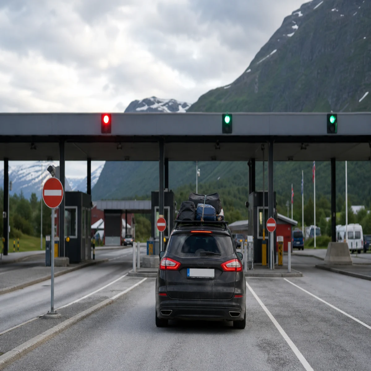 Bil vid norsk tullstation nära gränsen.